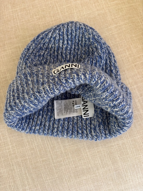 Ganni Blue and White Knit Beanie
